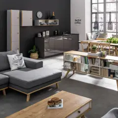 Nowoczesny salon z szarą kanapą i ciemną ścianą. Kolor ścian w salonie podkreśla jasne meble i dodatki.