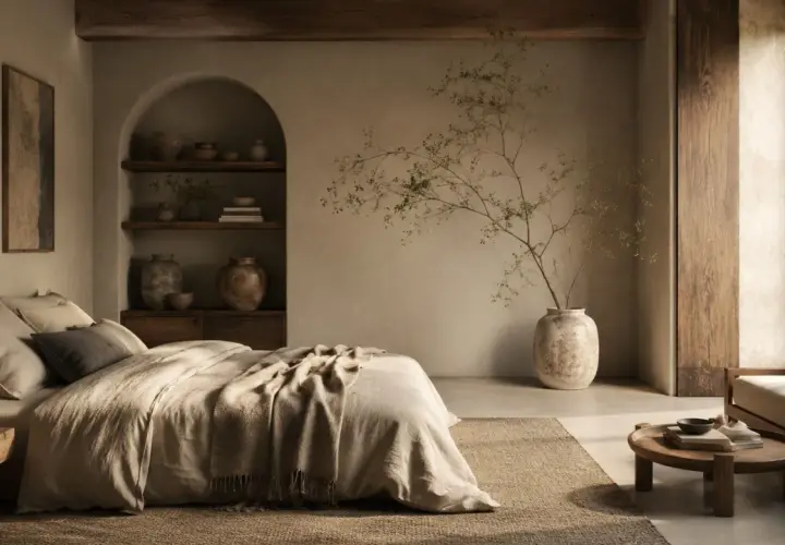 Sypialnia w stylu wabi sabi. Naturalne materiały, łóżko z lnianą pościelą, łukowa wnęka z ceramiką i gałązka w wazonie.
