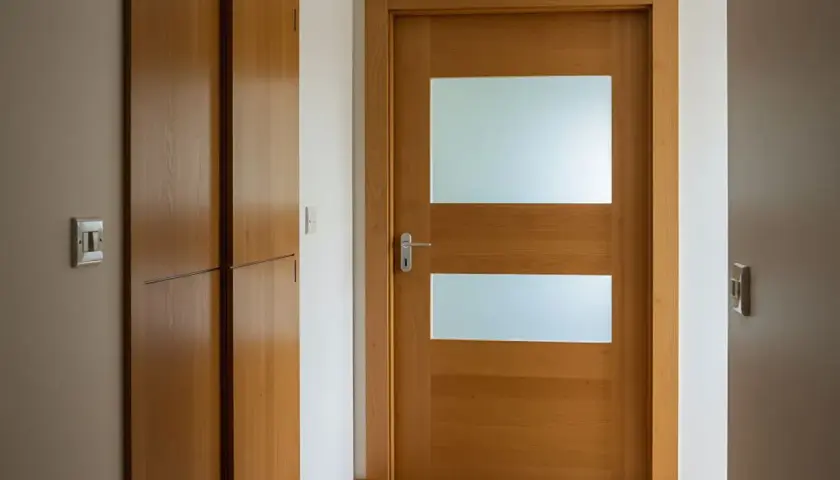 Jak przerobić stare drzwi z szybą na nowoczesne? Drewniane drzwi z dwoma matowymi przeszkleniami i eleganckim uchwytem.
