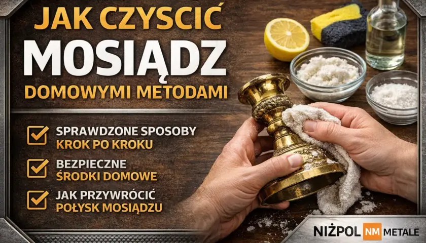 Czyszczenie mosiądzu domowymi metodami. Dłonie polerują ozdobny świecznik, używając ściereczki i domowych środków.