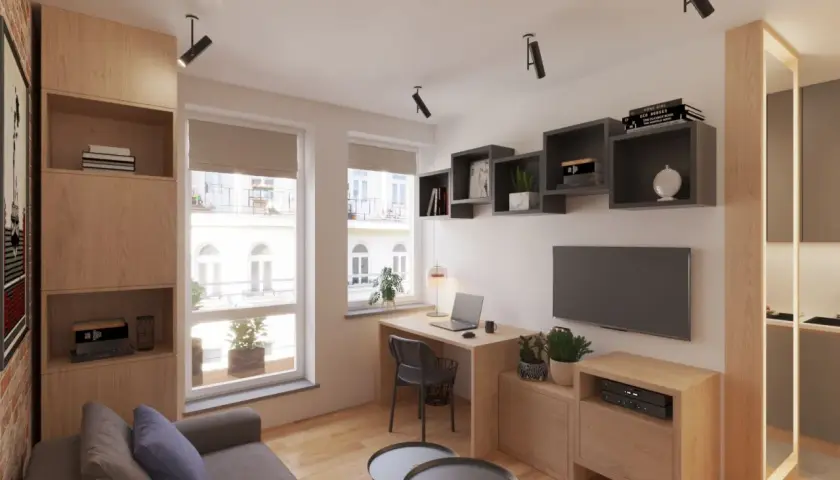 Jak zaprojektować pokój: przytulny salon z miejscem do pracy, sofą, biurkiem i telewizorem.