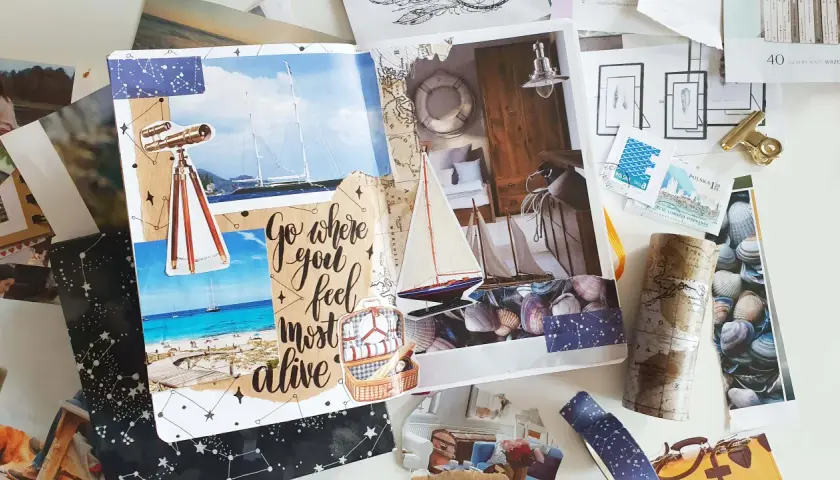 Kolaż z wycinków gazet, inspirujący do podróży: jachty, plaża, luneta, mapy, muszle i walizka. "Go where you feel most alive".