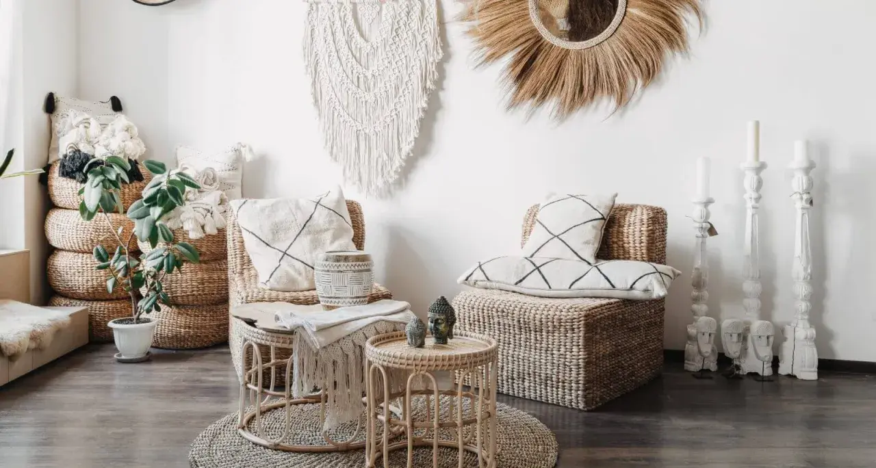 Wnętrze w stylu boho: plecione meble, makrama, lustro z trawy, poduszki z geometrycznymi wzorami i rośliny tworzą przytulną atmosferę.