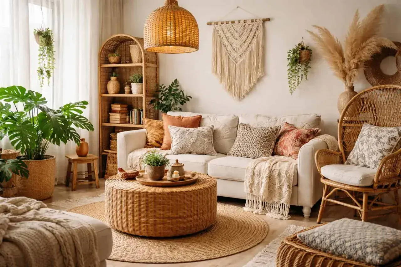 Przytulny salon w stylu boho z wiklinowymi meblami, makramą na ścianie i mnóstwem roślin. Inspiracja stylem Memphis w naturalnych materiałach.