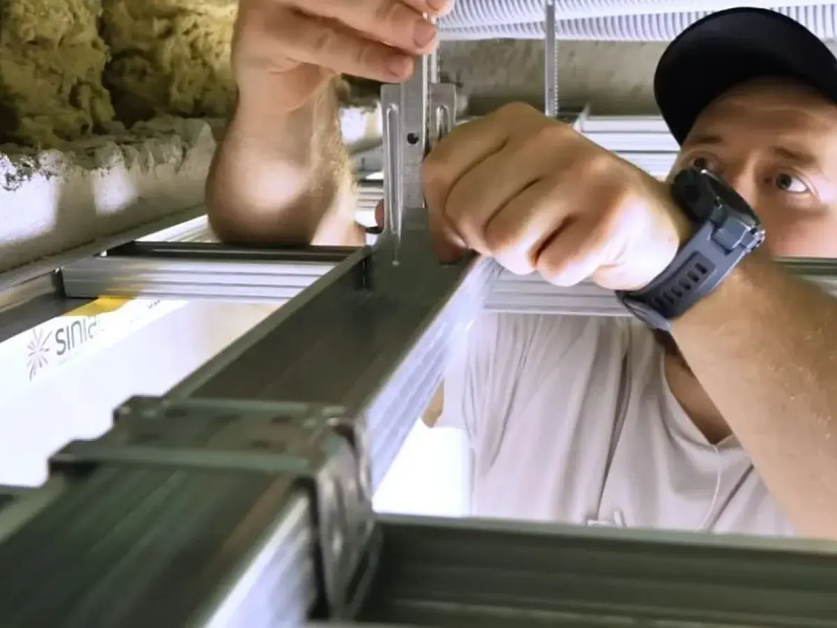 Montaż konstrukcji podwieszanego sufitu. Widać ręce majstra przykręcające elementy, a także izolację i przewody. Co ile wieszaki na suficie są kluczowe dla stabilności.