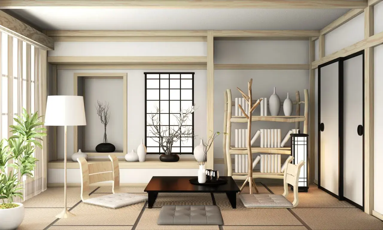 Minimalistyczny pokój młodzieżowy w stylu japońskim. Drewniane meble, tatami, lampa i rośliny tworzą spokojną atmosferę.