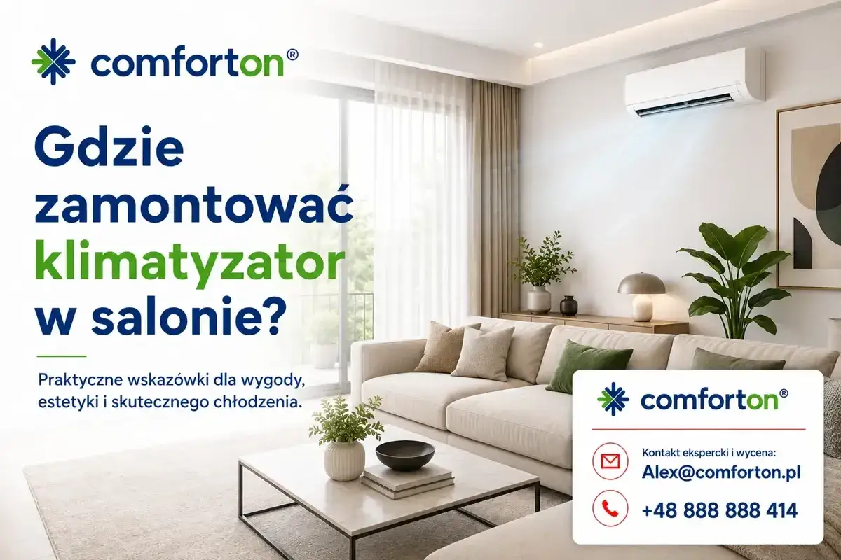 Nowoczesny salon z klimatyzatorem. Dowiedz się, gdzie zamontować klimatyzator w salonie, by cieszyć się komfortem.