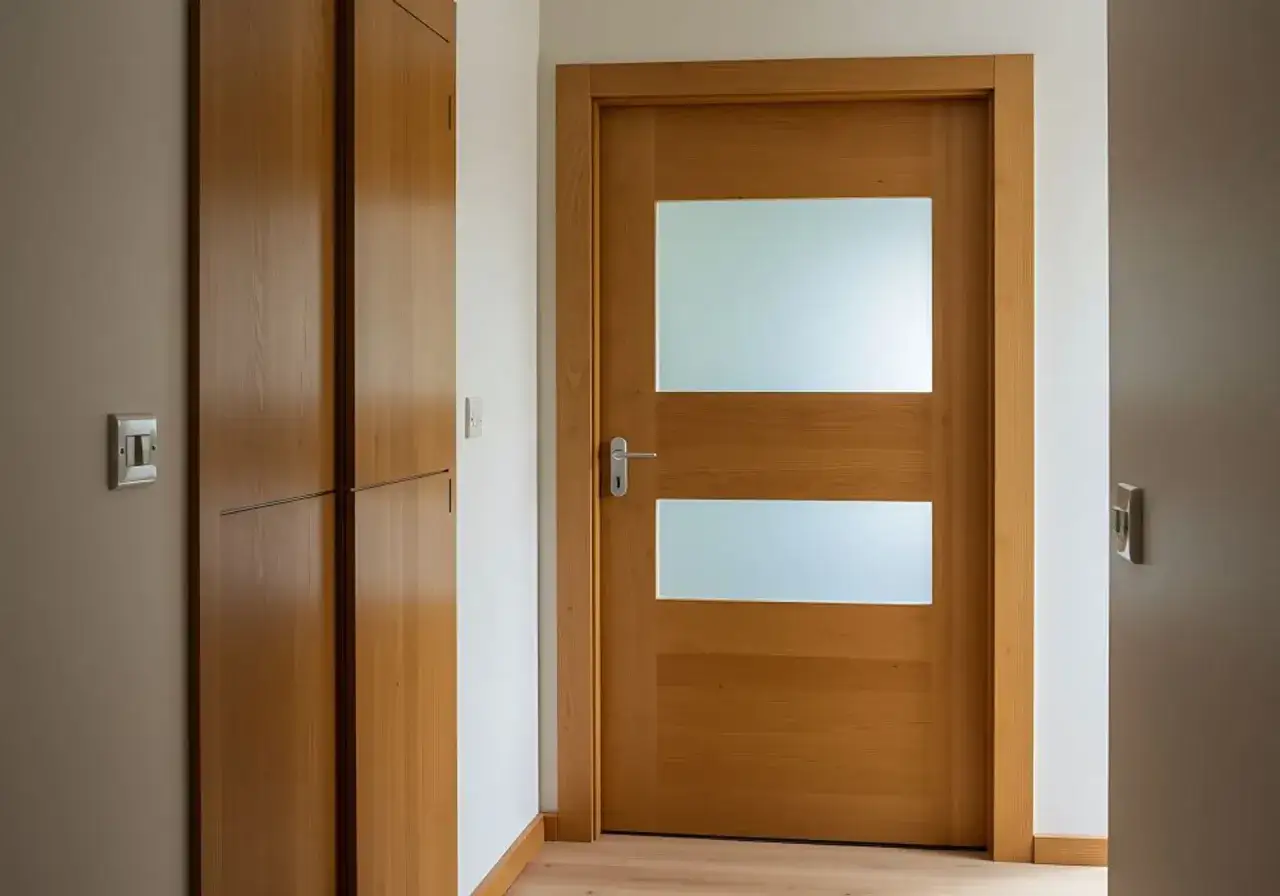 Nowe, drewniane drzwi wewnętrzne z przeszkleniem, idealne po renowacji. Obok szafa wnękowa.