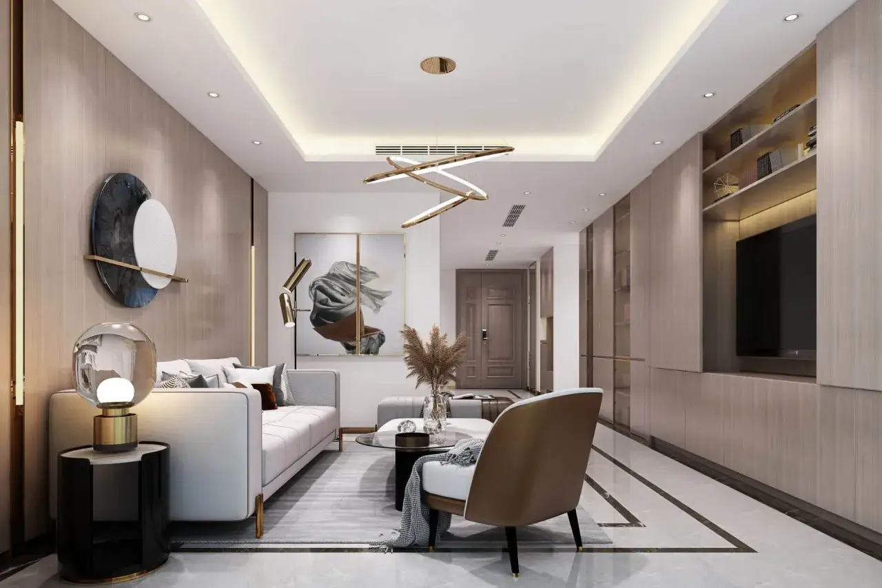 Nowoczesny salon z designerskimi sufity podwieszane wzory, oświetleniem i meblami.